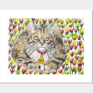 Cute cat tulips art painting Posters and Art